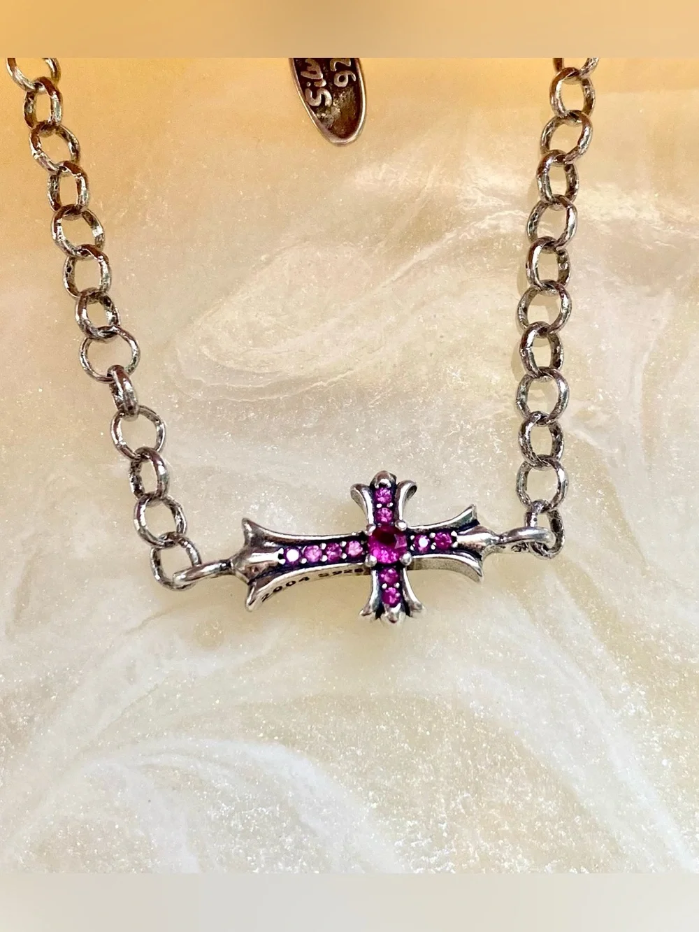 Sterling Silver Cross Bracelet with Pink Stones